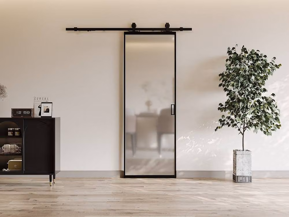 Vente-unique Modern Flush-Mounted Reversible Sliding Door in Black with Aluminium and Frosted Glass, H: 205 cm x W: 630 cm – 2