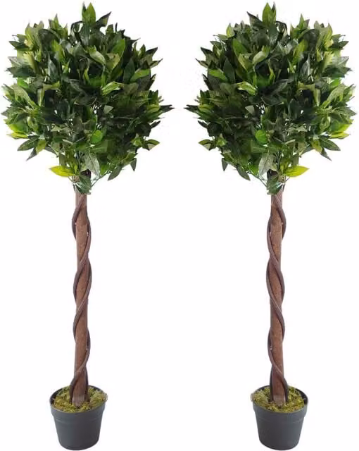 Leaf Pair of 120cm Artificial Topiary Bay Laurel Ball Trees in Green