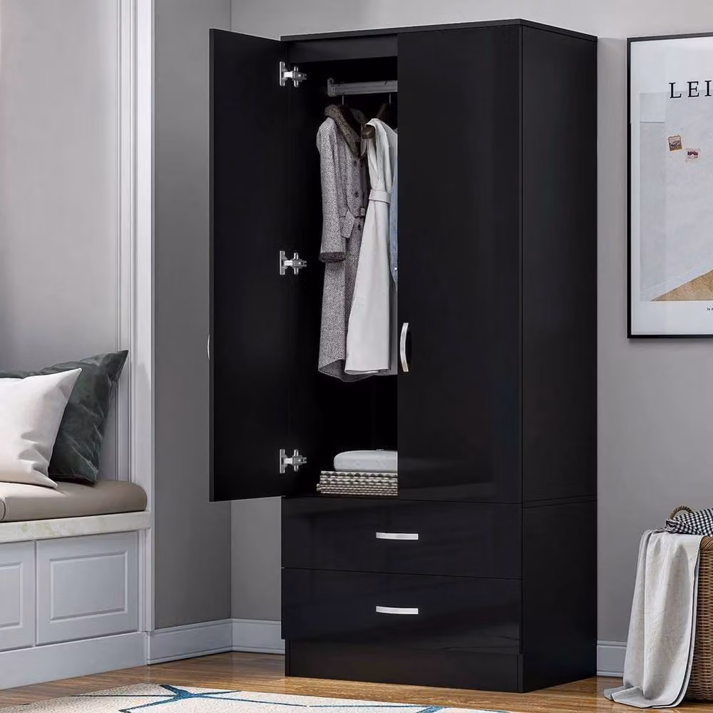 FLAVORA Black and White Glossy Wooden 2 Door 2 Drawer Compact Wardrobe for Bedroom or Living Room W/D/H: 100 x 100 x 100 cm – 3