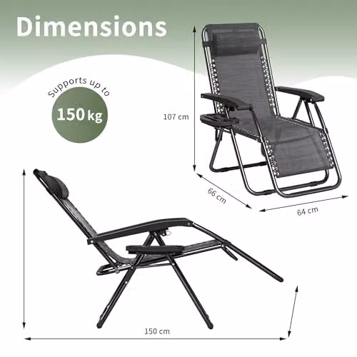 MCC Direct Set of 2 Zero Gravity Reclining Sun Loungers with Textilene Fabric, Cup Holders and Adjustable Headrests in Black and Grey – 3