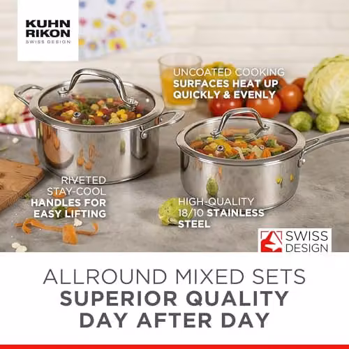 Kuhn Rikon 2-Piece Stainless Steel Cookware Set in Silver with Glass Lids, 1.5 l and 2.28 l – 2