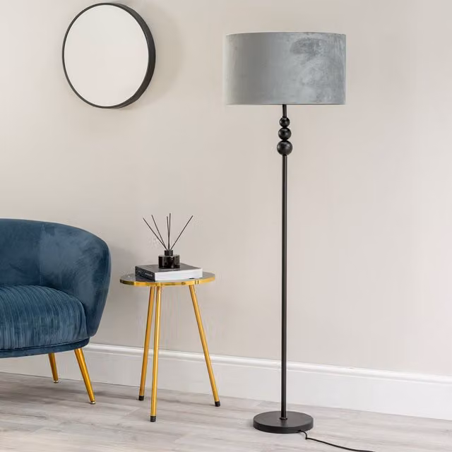 ValueLights Marissa Stacked Ball Floor Lamp with Velvet Drum Shade in Grey