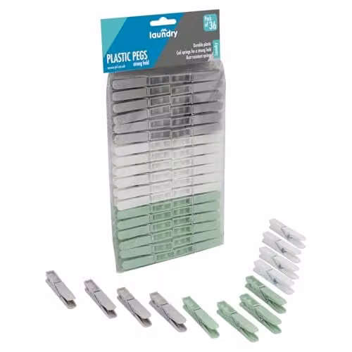 JVL 36 Pack Plastic Clothes Pegs in White, Grey and Green – 1