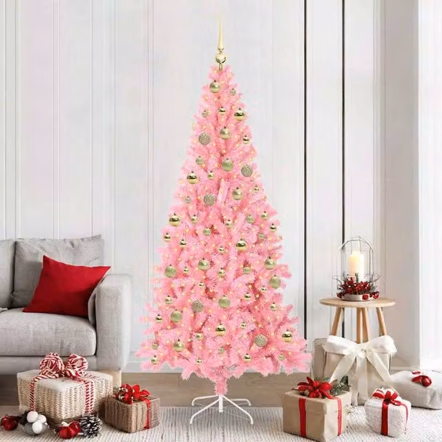 Berkfield Home Pink PVC Christmas Tree with 300 LEDs and Stand, Height: 210 cm