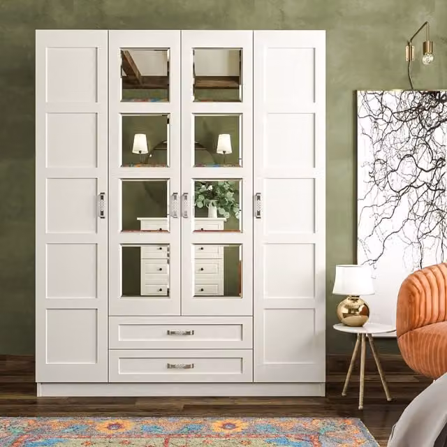 EVUHOME VISTA White Mirrored Wardrobe with 4 Doors and 2 Drawers, H: 184 cm, W: 140 cm, D: 52 cm