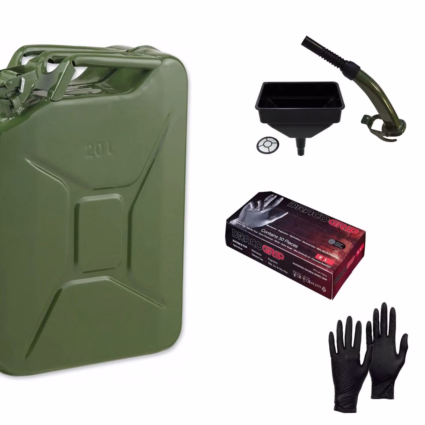 Pegdev 20L Heavy Duty Jerry Can in Dark Green with Metal Spout and Nitrile Gloves – 3