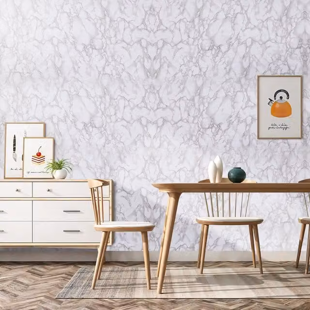 Livingandhome Self-Adhesive White Abstract Marble Effect Vinyl Wallpaper Roll for Kitchen and Bathroom