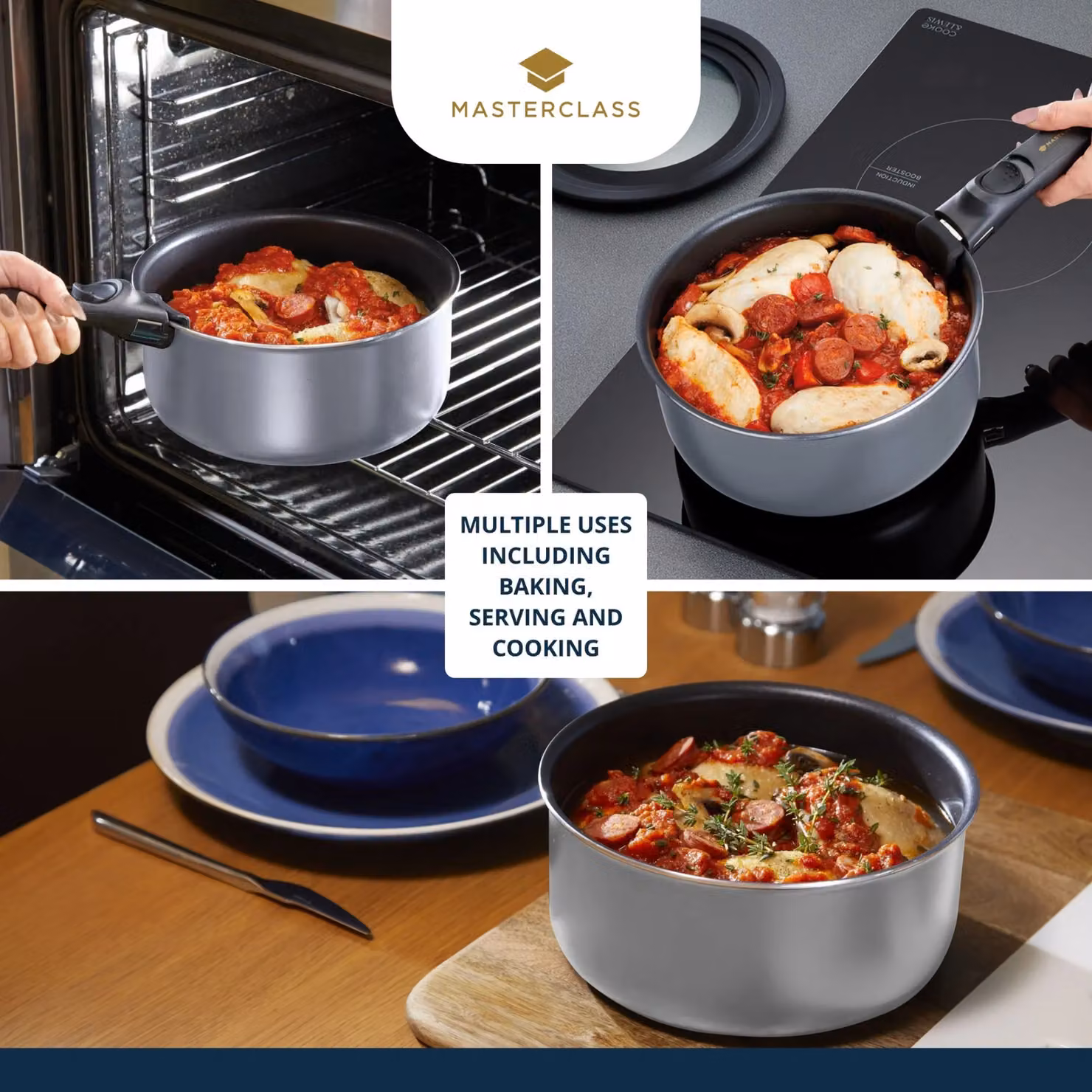 MasterClass Smart Space Set of Three Stacking Induction-Safe Non-Stick Aluminium Pans in Grey or Black – 10