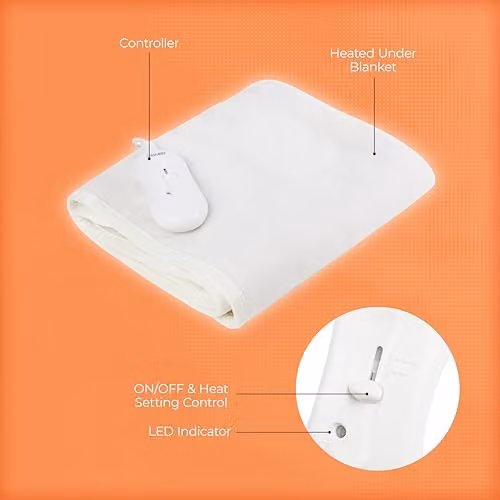 Carmen Gil King Size Electric Heated Under Blanket with Overheat Protection, 80W, White, W/D/H: 180 x 200 cm – 3