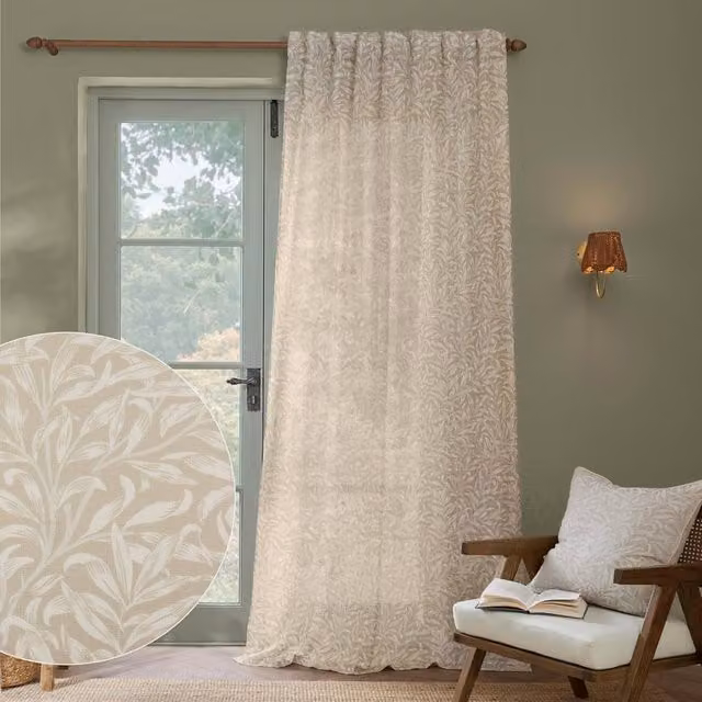 Morris & Co Willow Bough Sheer Floral Fabric Curtain Panel in Beige, Width: 140 cm