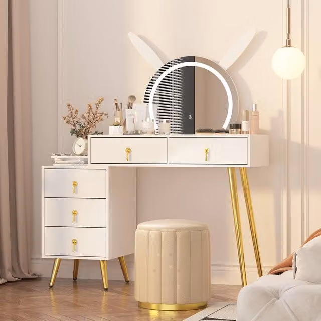 KEEPREAPER Modern Dressing Table with LED Mirror and 5 Drawers in White with Metal Legs – 1