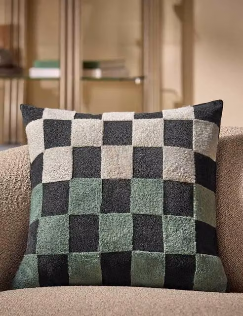 MADE Black Mix Bouclé Cotton Checkerboard Square Cushion