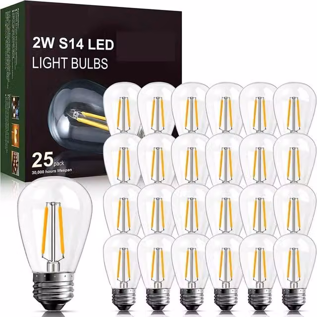 VOGREX 25 Pack Shatterproof LED Outdoor Screw Bulb, 2W, 2200K Warm White, Transparent – 1