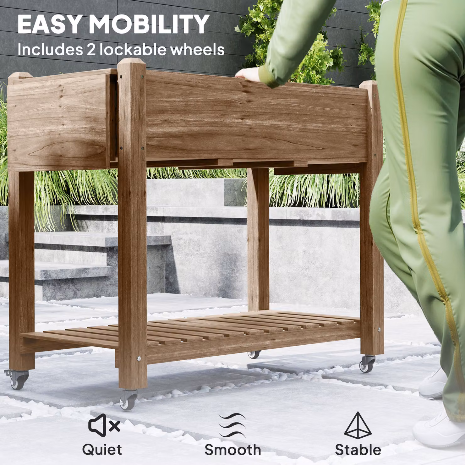 Outsunny Brown Carbonised Wooden Raised Garden Bed with Lockable Wheels, Side Tables and Bottom Shelf, W/D/H: 145 x 86 x 46 cm – 5