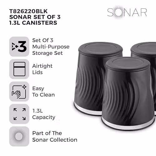 Tower Sonar Set of 3 Airtight and Leakproof Plastic Canisters, 1.3 l, Black – 2