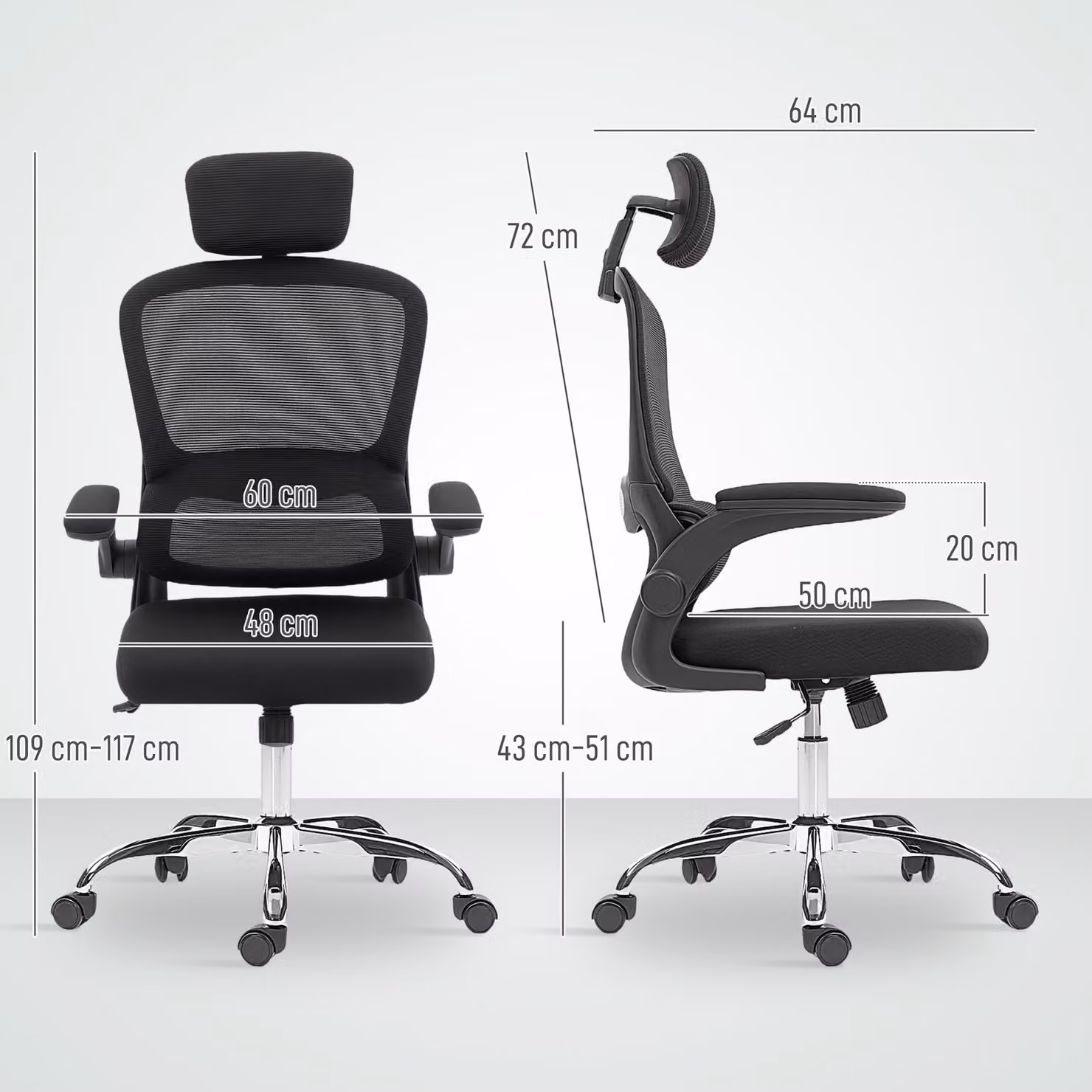 HOMCOM Black Fabric Mesh Back Task Chair with Headrest and Armrests – 3