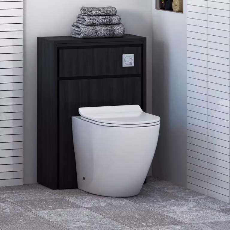 Livora Black Woodgrain Wall Mounted WC Unit with Elva Rimless Ceramic Toilet Pan, Slim Soft Close Seat and Cistern, W: 55.5 cm