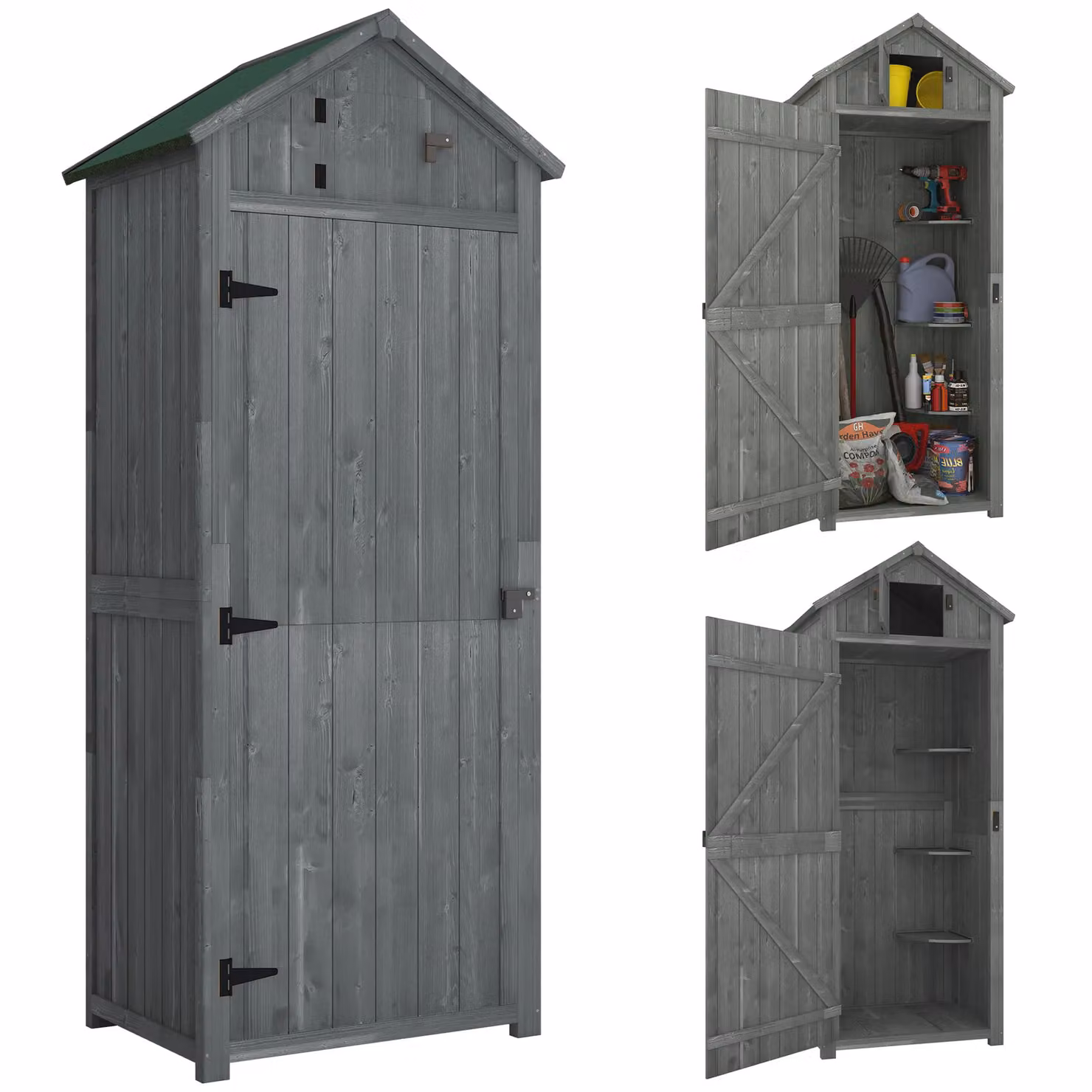 Outsunny Grey Wooden Garden Storage Shed with Internal Shelving, W/D/H: 77 x 54 x 179 cm – 3
