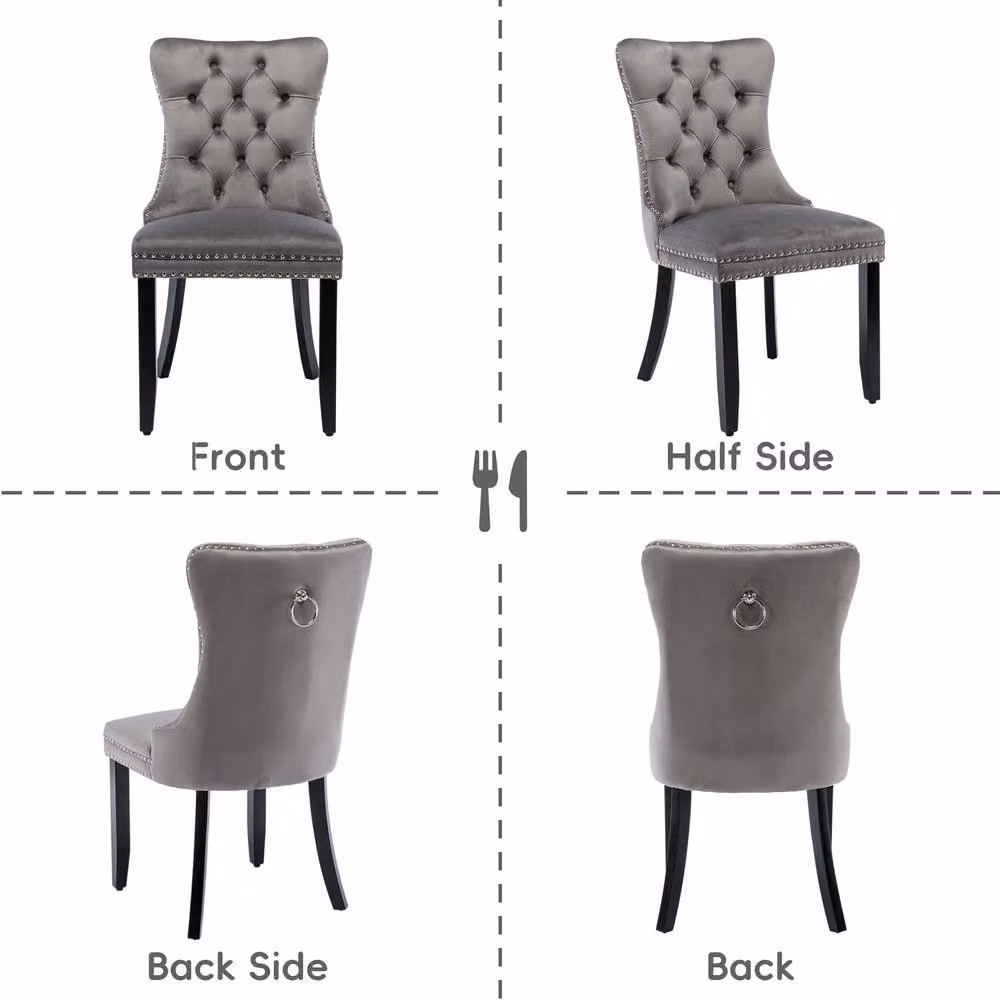 HomeTouch Romsey Set of 6 Grey Velvet Upholstered Dining Chairs with Oak Legs and Knocker Ring Back – 4