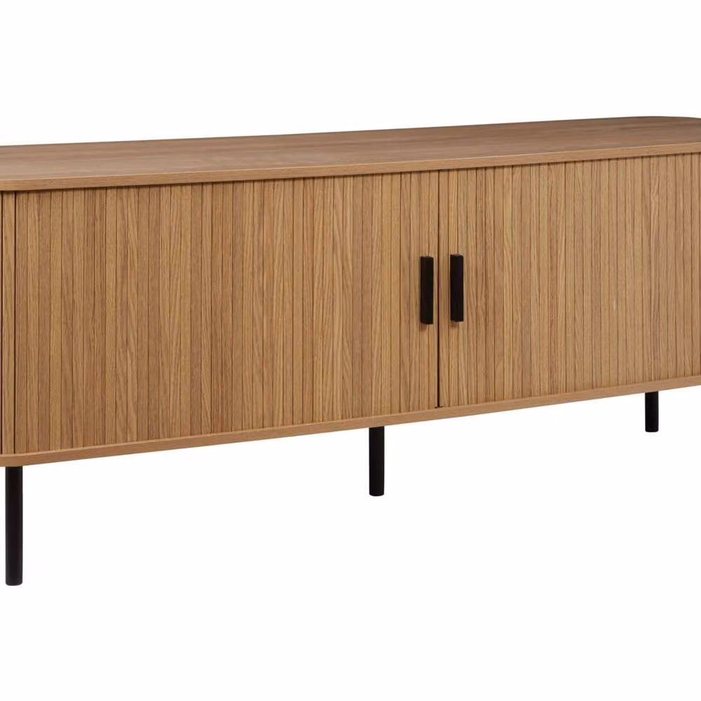 Wyld and Coco 70-inch Retro TV Stand with Sliding Doors and Pine Handles in Brown and Black – 2