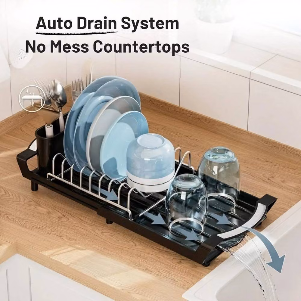 FLAVORA Expandable Anti-Rust Dishware Drying Rack in Black Coated Steel – 4