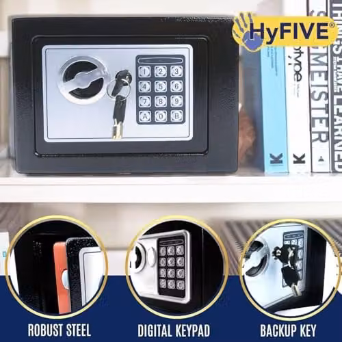 Hyfive High Security Steel Electronic Safe Box with Digital Keypad and Two Keys, Black, W: 23.0 cm, D: 17.0 cm, H: 17.0 cm – 7