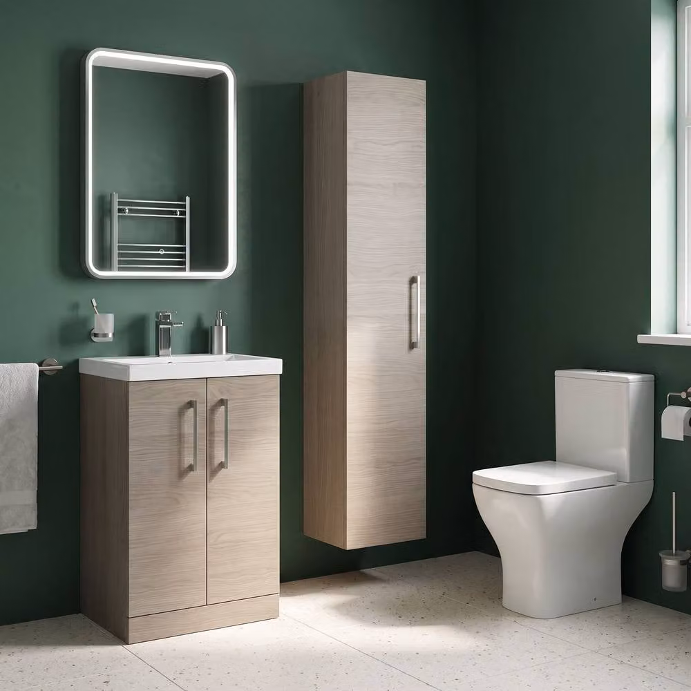 Balterley Solace Oak Finish Brown Wall Hung Bathroom Unit with Soft Close Doors and LED Lighting, Height: 30 cm – 1