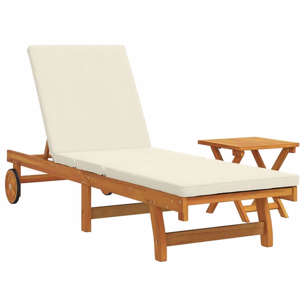 Berkfield Home Wheeled Sun Lounger with Side Tray and Beige Weatherproof Cushion in Solid Acacia Wood – 2