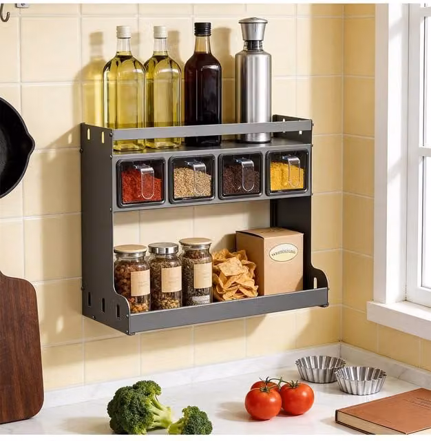 Living and Home 3-Tier Kitchen Spice Rack with 4 Seasoning Boxes, Grey, W: 28.5 cm, D: 35.0 cm – 1