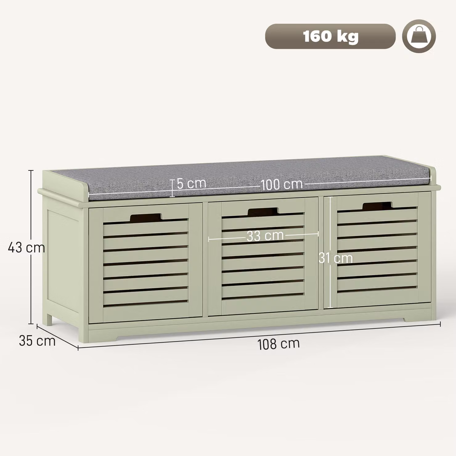 HOMCOM 3-Drawer Shoe Storage Bench in Green with Upholstered Fabric Seat, W: 108.0 cm, D: 43.0 cm, H: 22.0 cm – 3