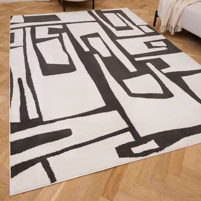 The Rugs Loft Modern Abstract Textured Ivory and Dark Grey Rug W: 240 cm, D: 340 cm