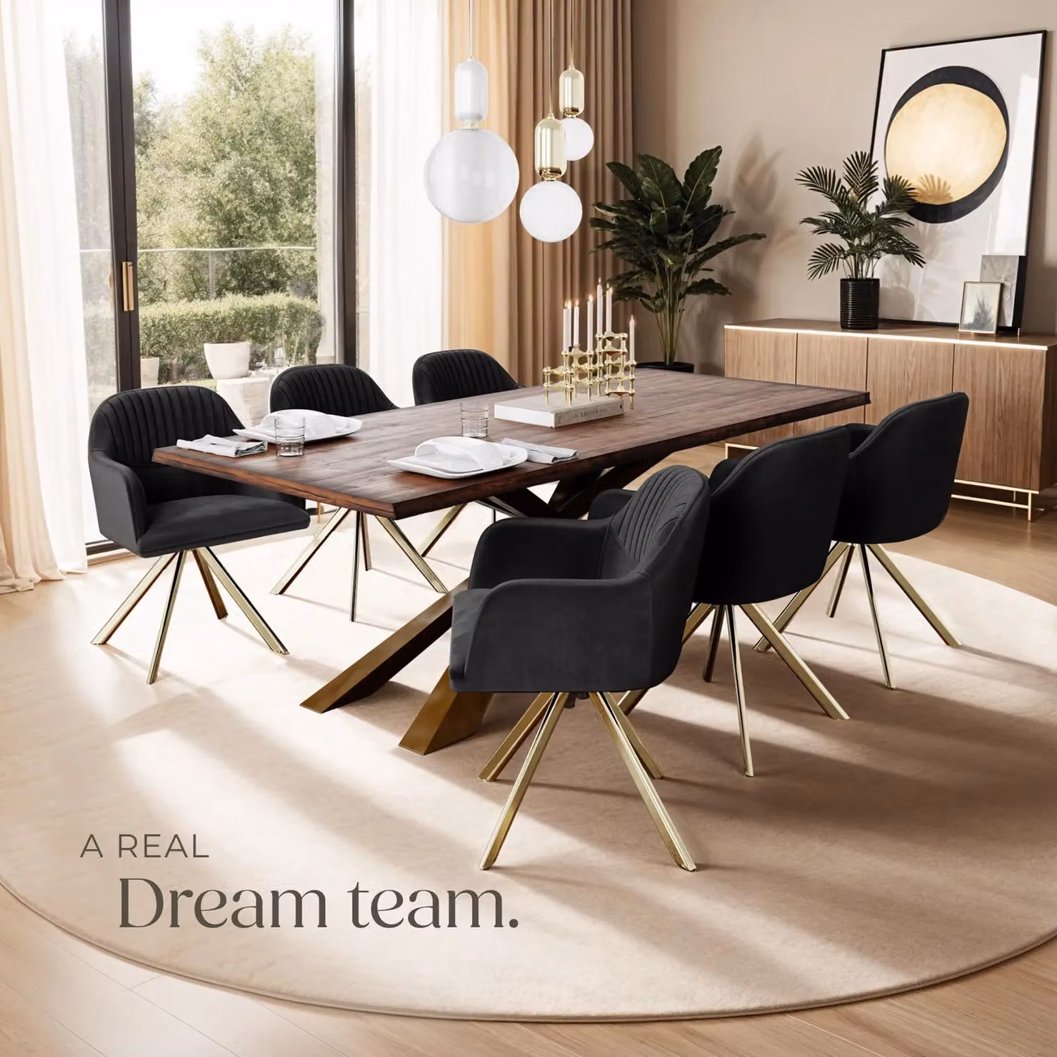 tectake Lona Set of 6 Velvet Armchairs in Black and Gold with 360 Degree Swivel and Armrests – 7