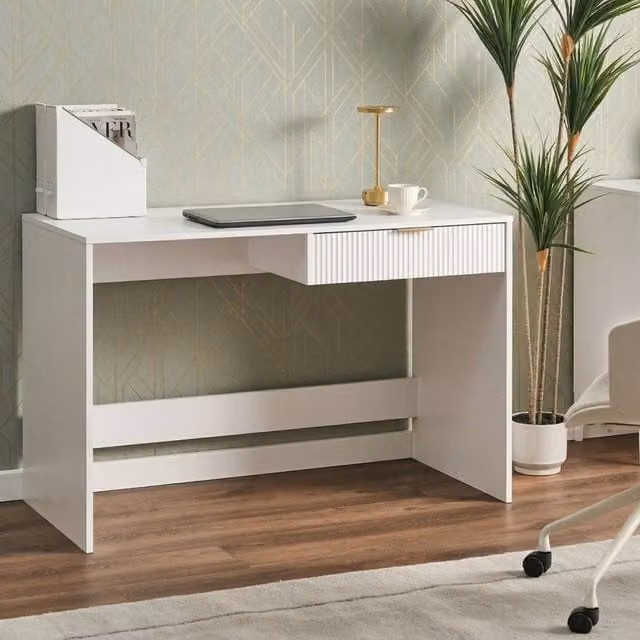 Wyld and Coco White Scandinavian Writing Desk with Single Pedestal Drawer, W: 120 cm, D: 60 cm