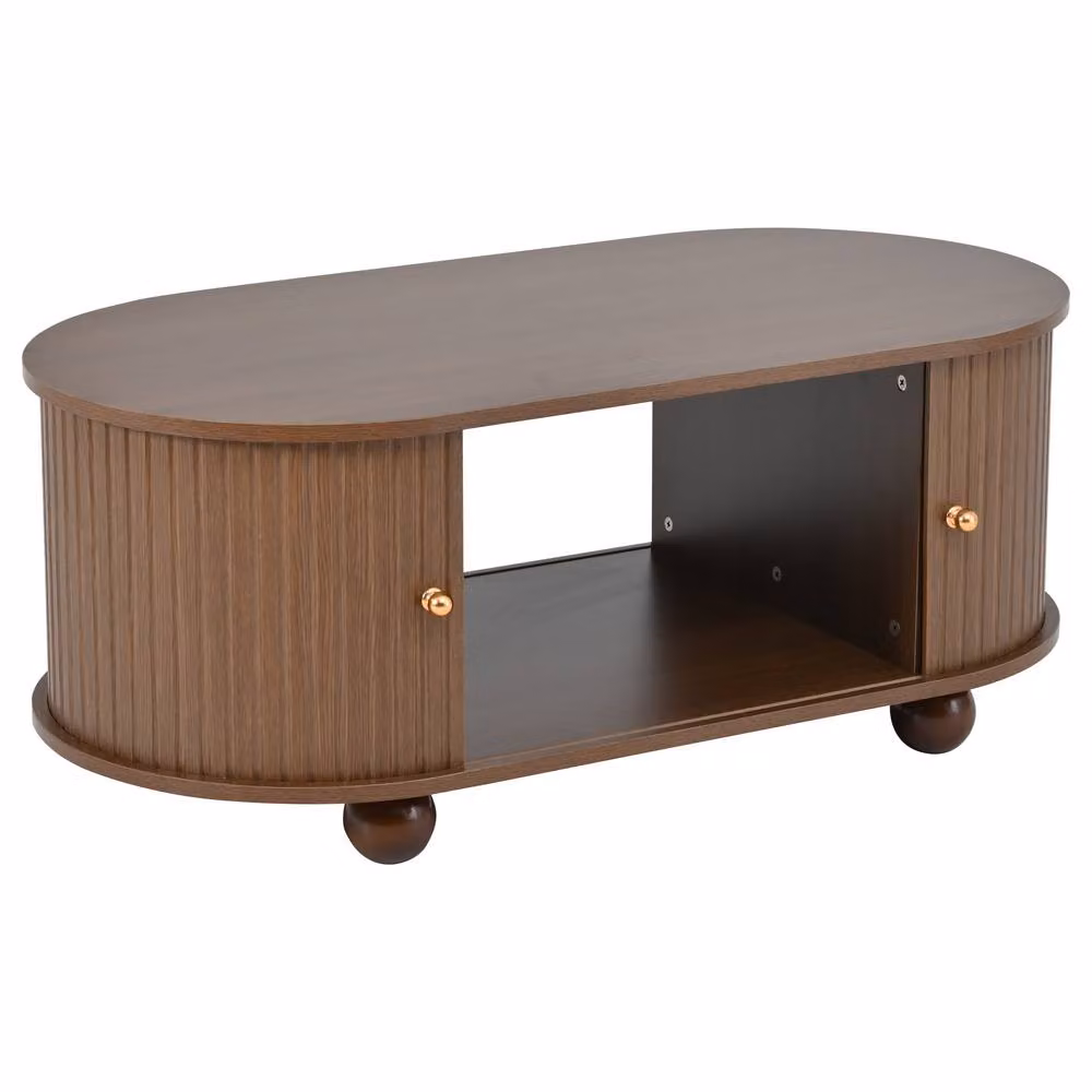 Merax Oval Fluted Coffee Table with 2 Sliding Doors and Hidden Storage in Brown, W/D/H: 100 x 50 x 40 cm – 9
