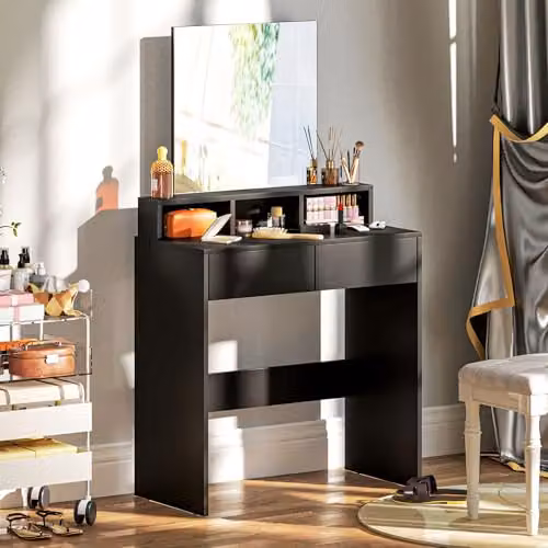HOMCOM Modern Black Dressing Table with Mirror and 2 Drawers, W: 135 cm, D: 38 cm, H: 75 cm – 4