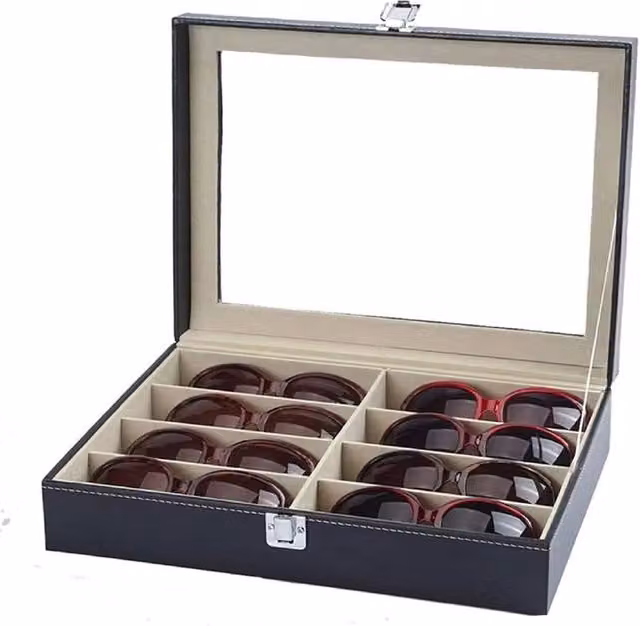 Nordara Black Leather and Glass 8 Grid Eyeglass and Sunglasses Storage Display Case with Lid – 1