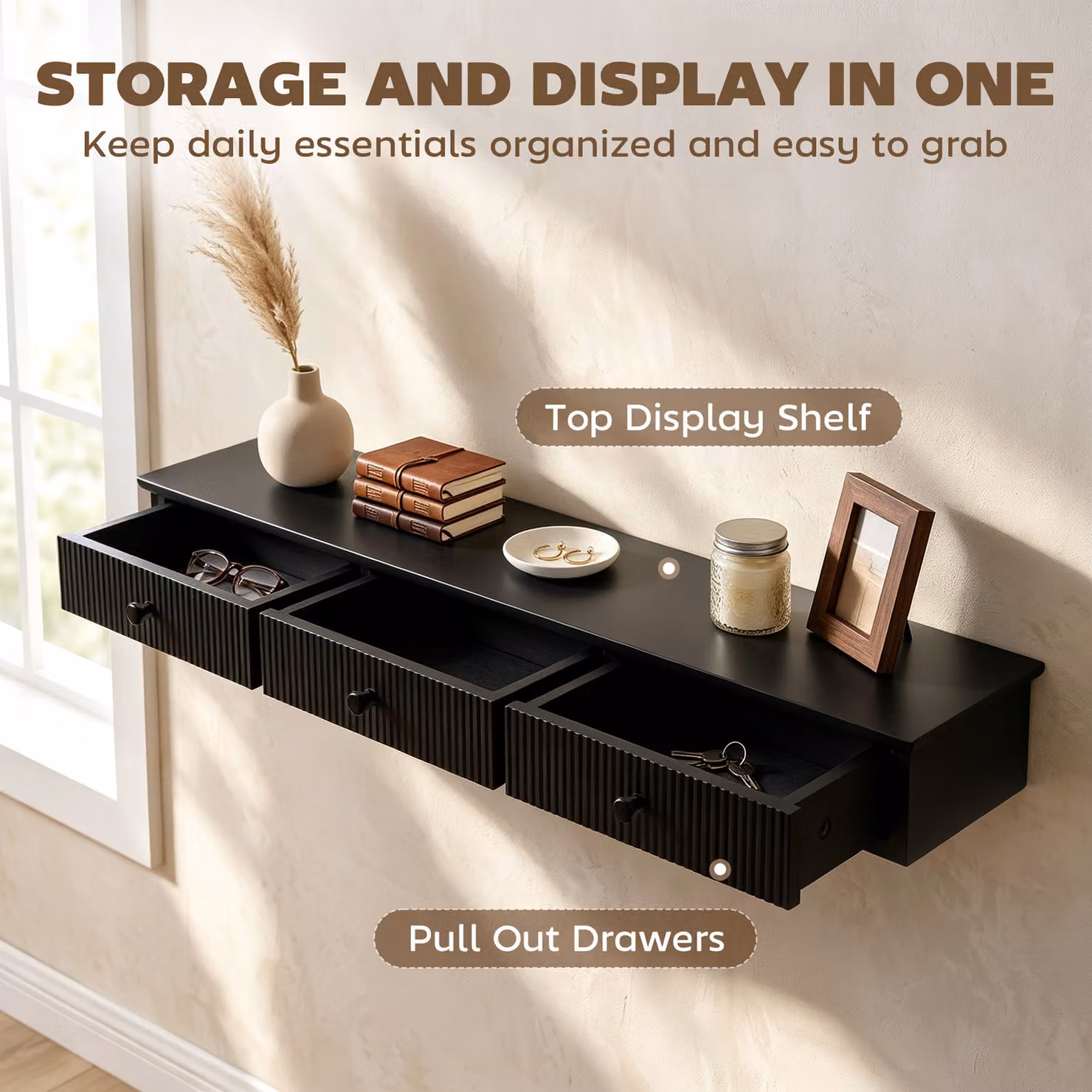 HOMCOM Black MDF Wall-Mounted Storage Shelf, W: 93 cm, D: 15 cm, H: 10 cm – 5