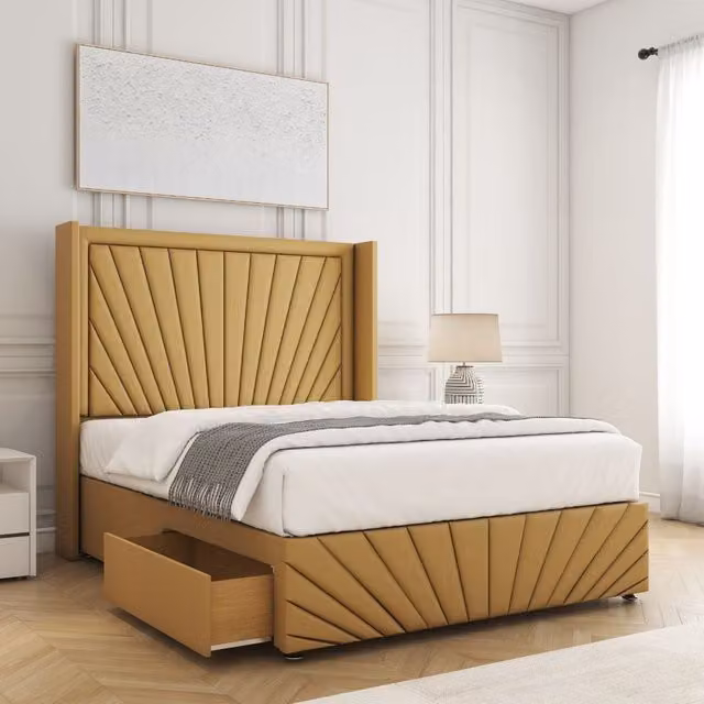 BSSPOKE Nola King Size Divan Bed with 54 inch Headboard and 2 Drawers in Mustard Yellow Plush Velvet, W/D/H: 180 x 200 cm