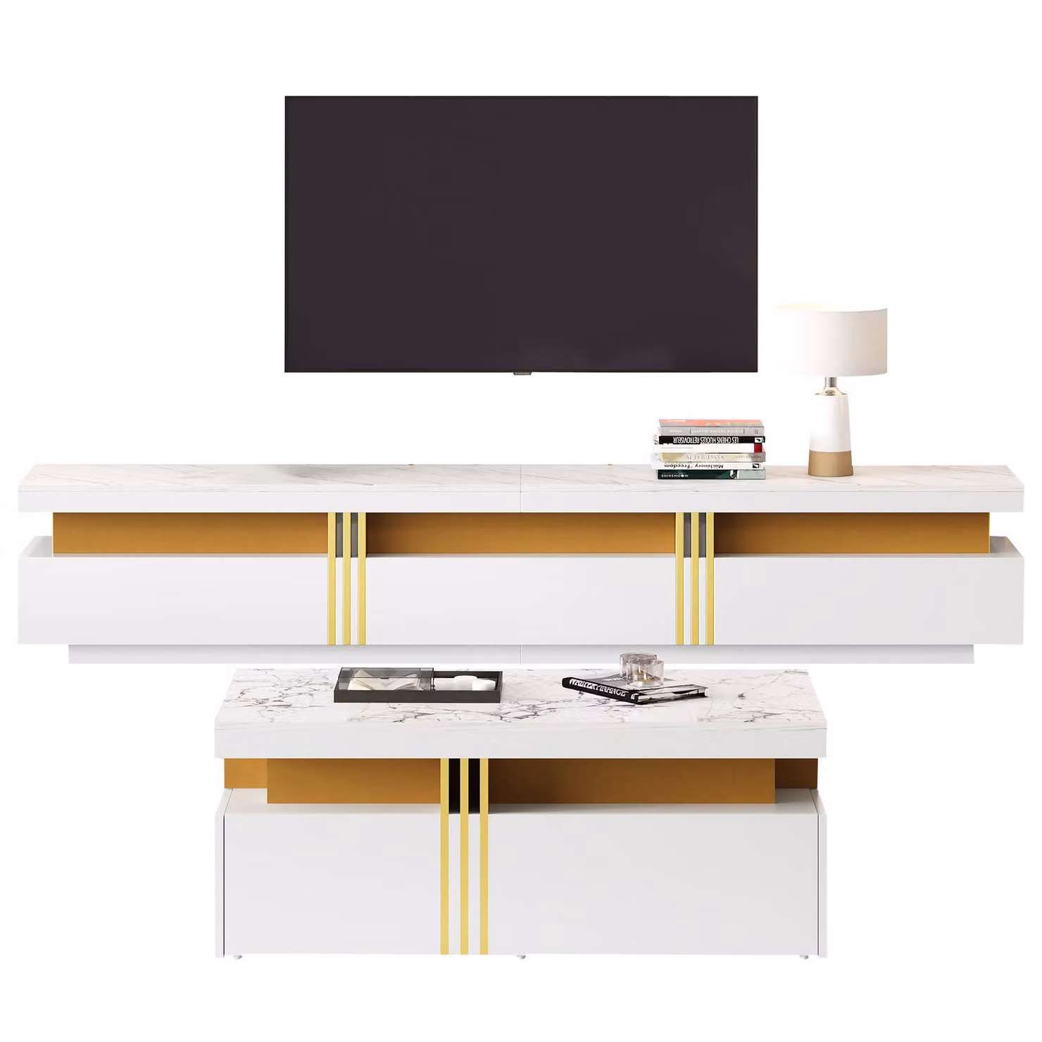 Aosom UK 2-Piece Modern Living Room Furniture Set featuring a White and Gold Glossy TV Stand and Coffee Table, W: 200 cm, D: 40 cm, H: 42 cm – 2