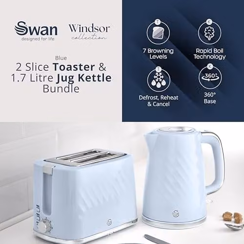Swan Windsor Breakfast Essentials Bundle with 1.7L Rapid Boil Kettle and 2 Slice Toaster in Blue – 2