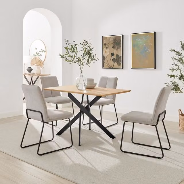 FurnitureboxUK Leonardo Oak Effect Dining Table and 4 Halley Taupe Fabric Chairs in Brown