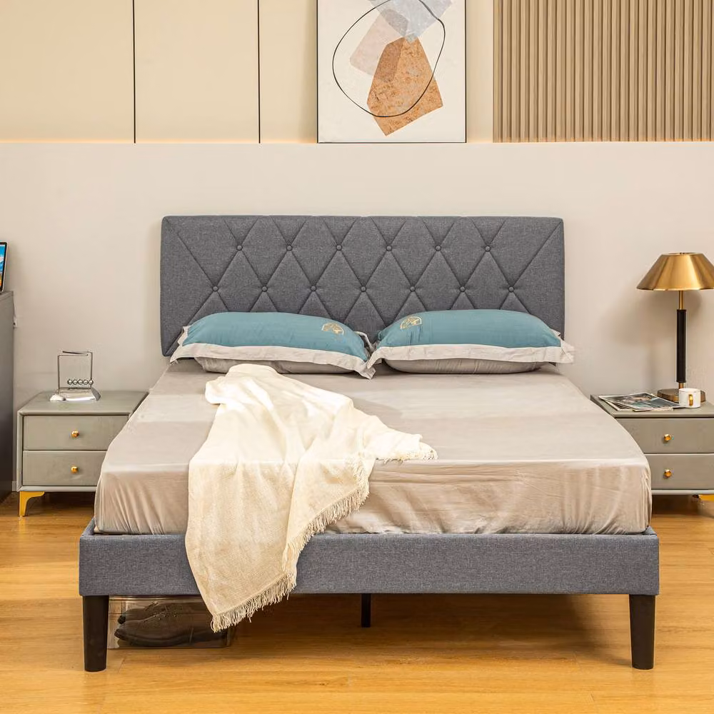 STILVORA Double Bed Frame, Grey Upholstered Fabric, 140 x 200 cm – 3
