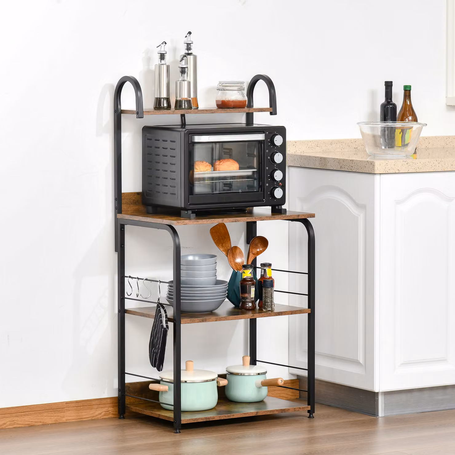 HOMCOM 4-Tier Baker's Rack and Microwave Stand in Rustic Brown with 4 Hooks and Kitchen Storage Unit – 2