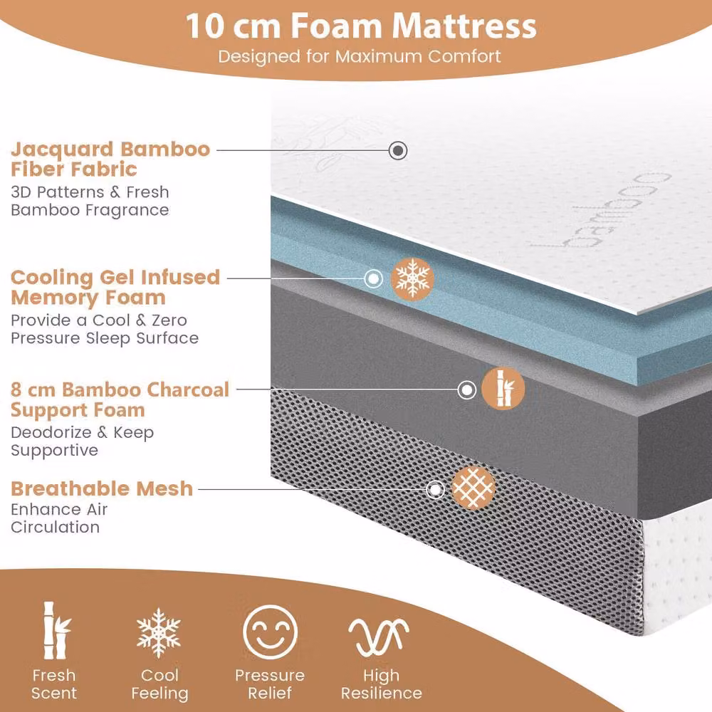 Costway Double Size Gel-Infused Tri-fold Memory Foam Mattress Topper in White, W: 140 cm x D: 200 cm, Thickness: 10 cm – 4