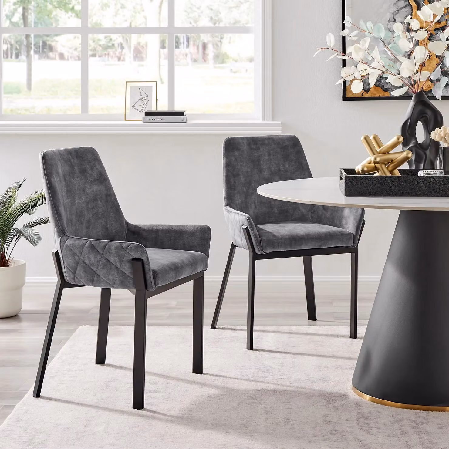 Modish Furnishing Nova Set of 2 Grey Velvet Dining Chairs with Black Metal Legs – 2
