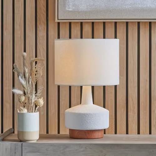 Pacific Lifestyle Ruma White Ceramic Table Lamp with Wood Effect Textured Base and Fabric Shade – 1