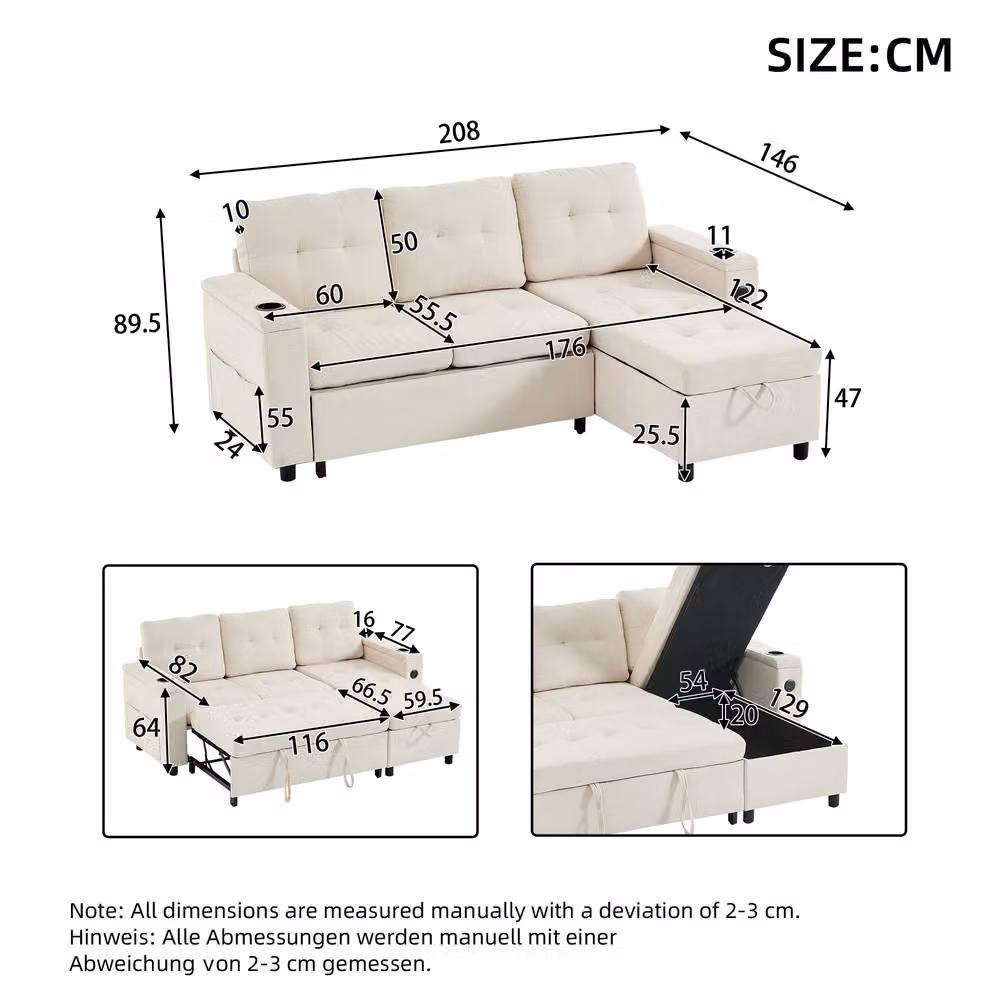 Tokpiedi 3-Seater L-Shaped Fabric Corner Sofa Bed with LED Lighting, USB Charging and Storage in Beige – 2