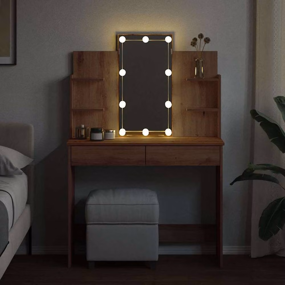 Berkfield Home Artisan Oak Dressing Table with Hollywood LED Lights in Brown, W/D/H: 96 x 40 x 142 cm – 3