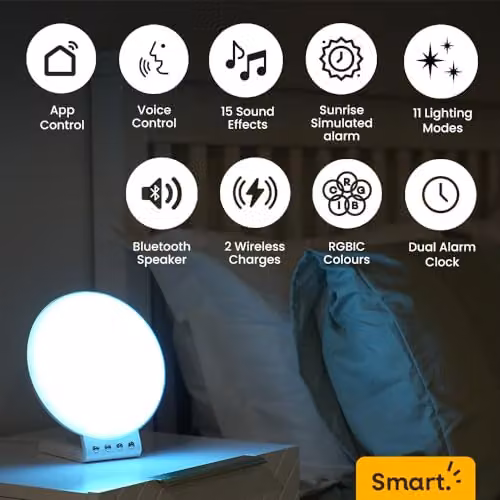 ValueLights Smart Sunrise Alarm Clock Wake Up Light in White with 2-in-1 Wireless Charger, Dual Alarms, Snooze Function and RGBIC Multicolour Lighting, Compatible with Amazon Alexa and Google Assistant – 2