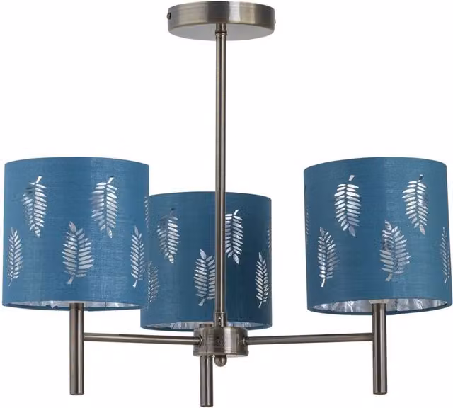 First Choice Lighting Brea 3 Light Antique Brass Ceiling Fitting with Teal Fabric Shades – 1